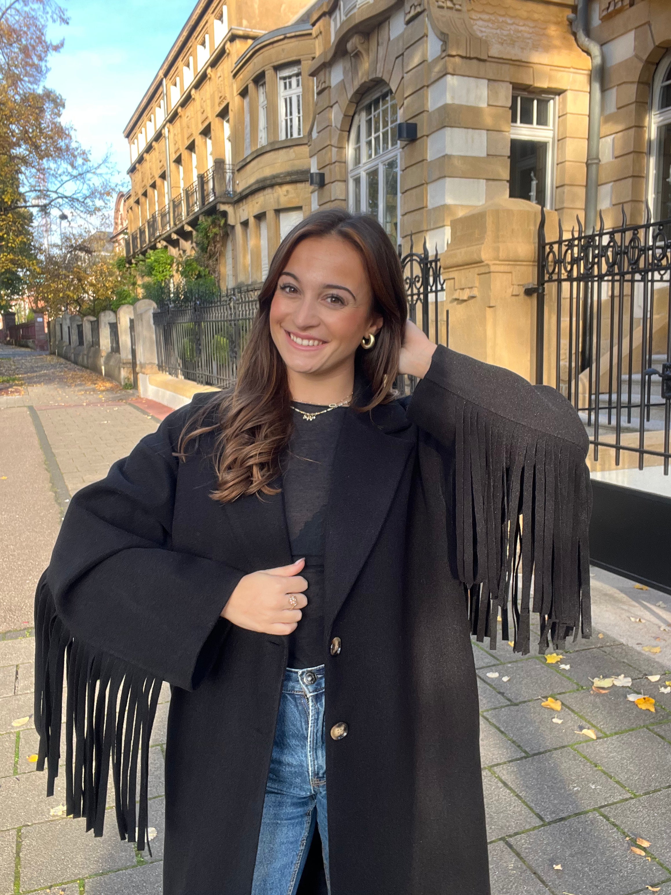 Manteau Maddy à franges noir