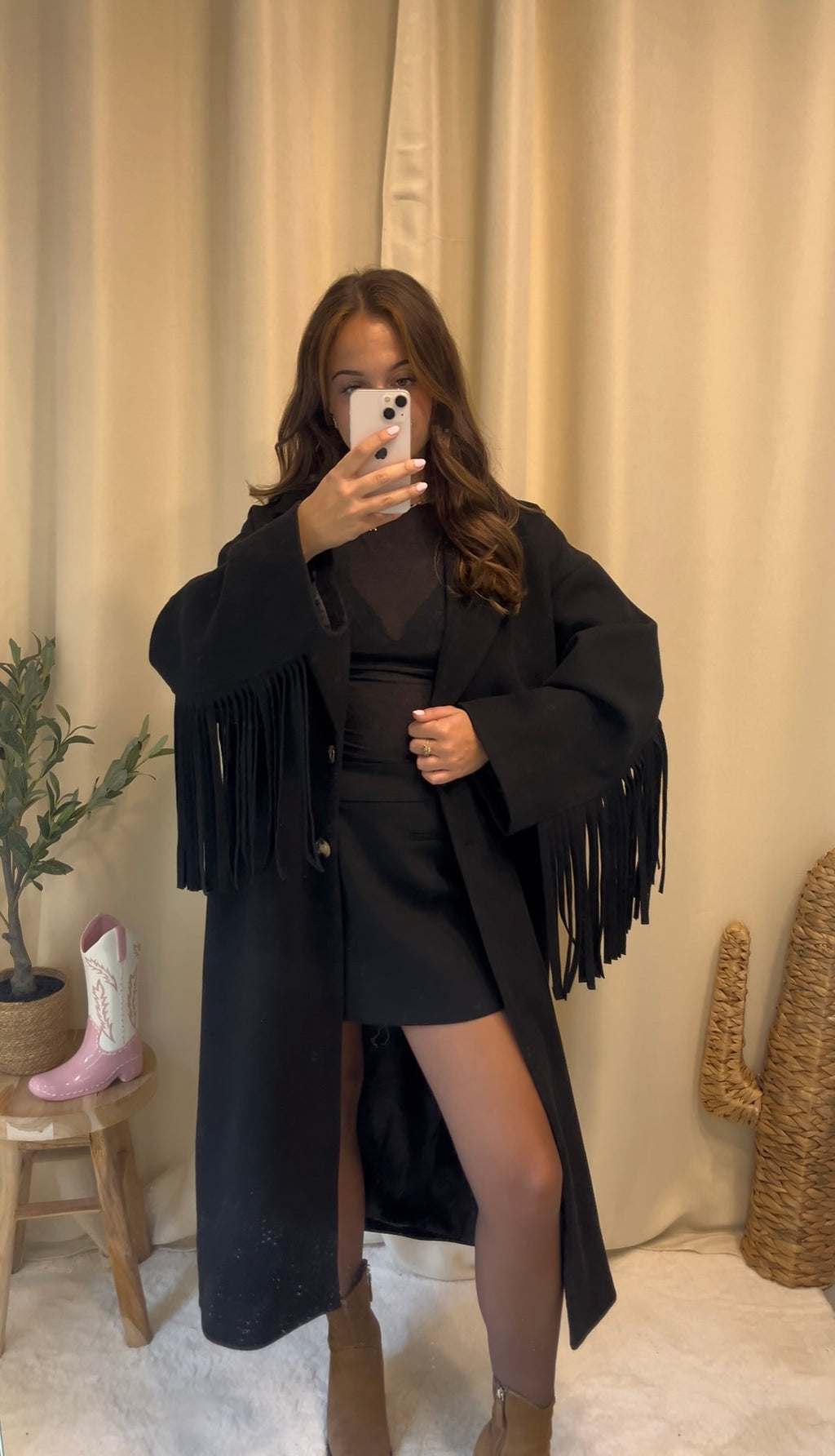 Manteau Maddy à franges noir